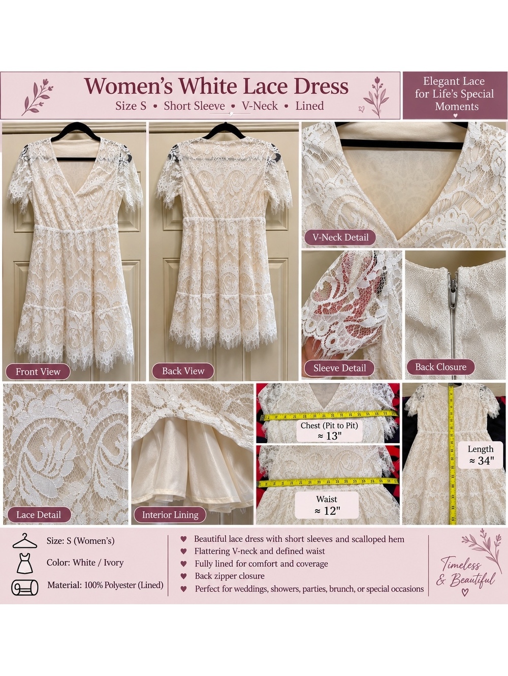 White Ivory Lace V-Neck Short Sleeve Dress Size Small Lined Scalloped Hem